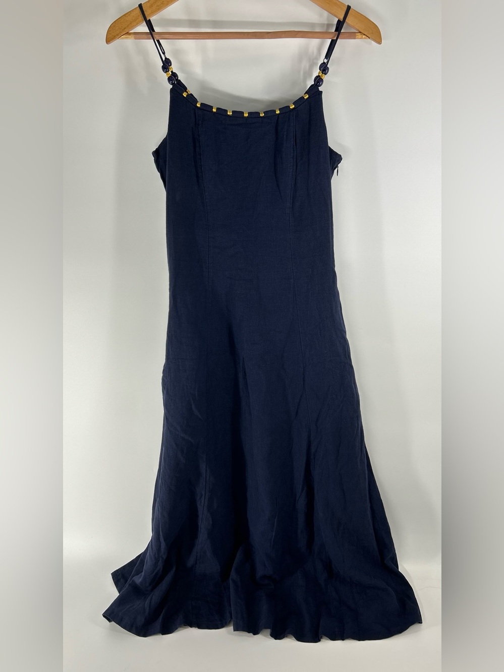 Calypso St. Barth Navy Linen Blend Maxi Slip Dress with Gold Bead Trim